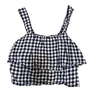 Madewell Cottagecore Gingham Ruffle Navy White Crop Top XXS